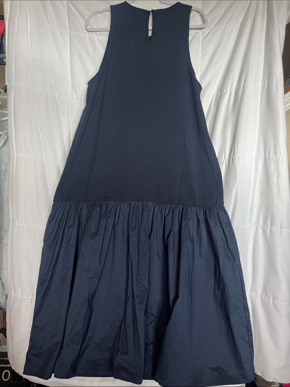 NWT Maeve Anthropologie Sleeveless Flounce Dress Navy Mixed Media Fabrics XL - Picture 4 of 8